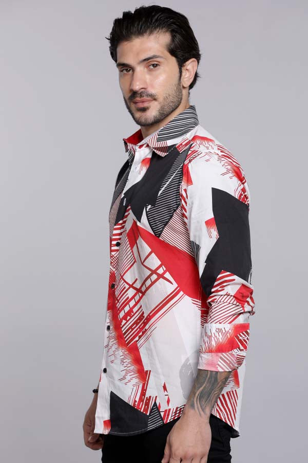 Red White Full Sleeves Printed Shirt