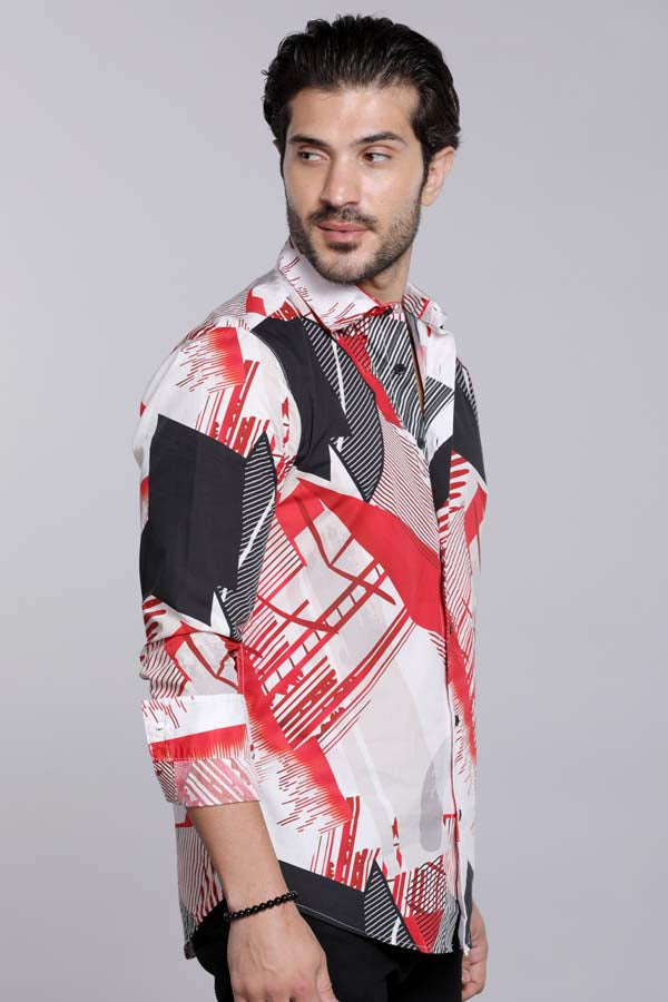 Red White Full Sleeves Printed Shirt