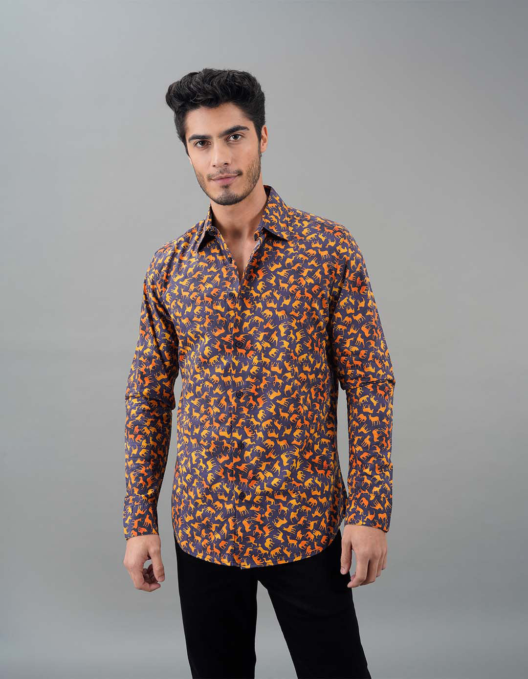 Navy Mustard Full Sleeves Printed Shirt
