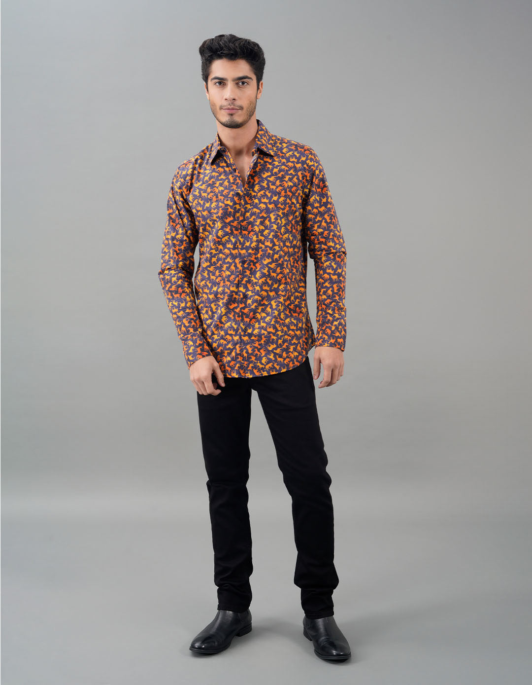Navy Mustard Full Sleeves Printed Shirt