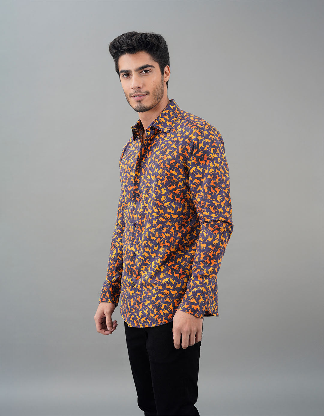 Navy Mustard Full Sleeves Printed Shirt