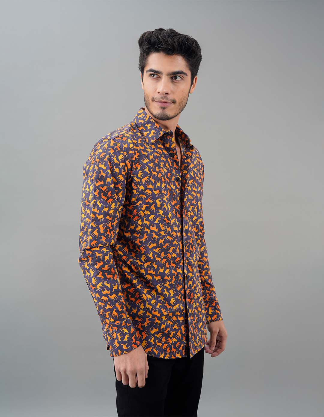 Navy Mustard Full Sleeves Printed Shirt