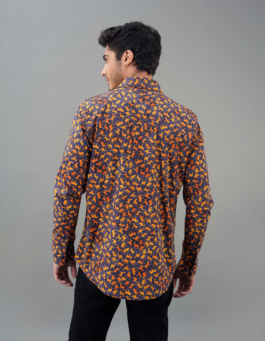 Navy Mustard Full Sleeves Printed Shirt