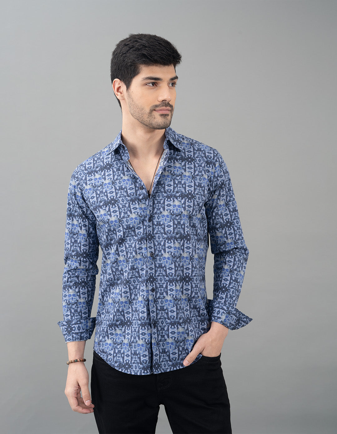 Dk Blue Full Sleeves Printed Shirt