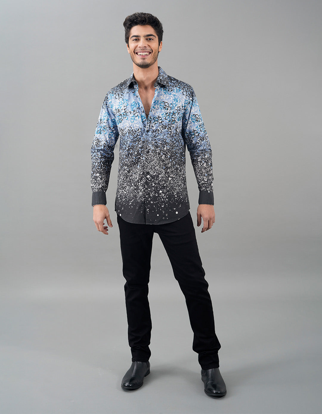 Blue Black Full Sleeves Printed Shirt
