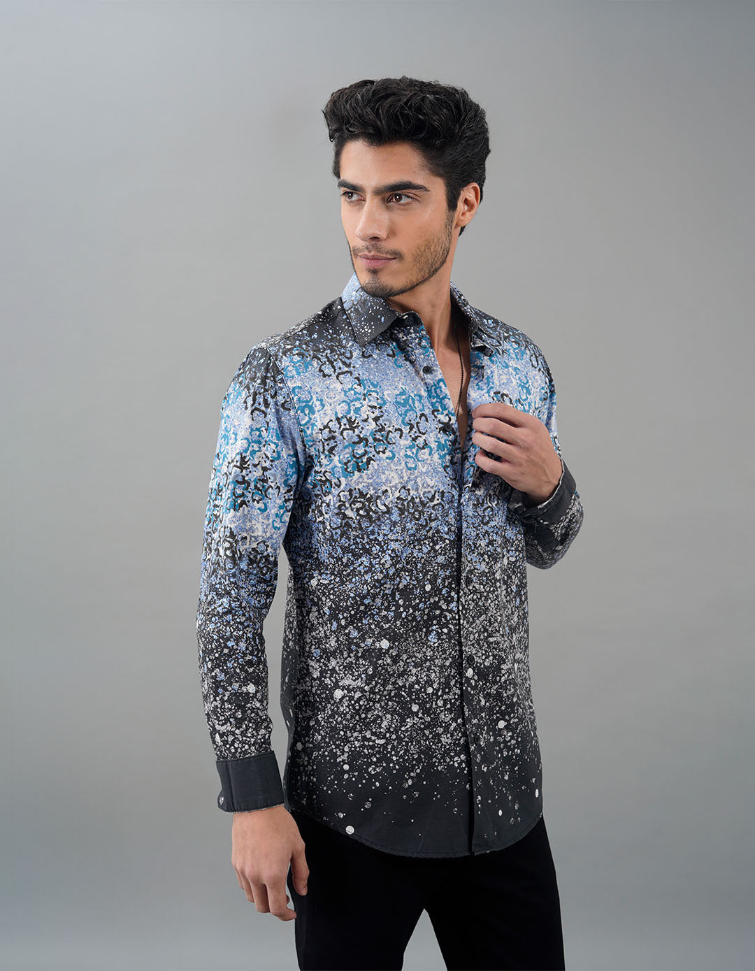 Blue Black Full Sleeves Printed Shirt