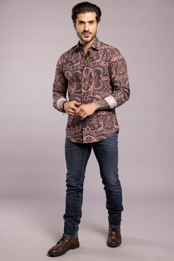 Brown Full Sleeves Printed Shirt