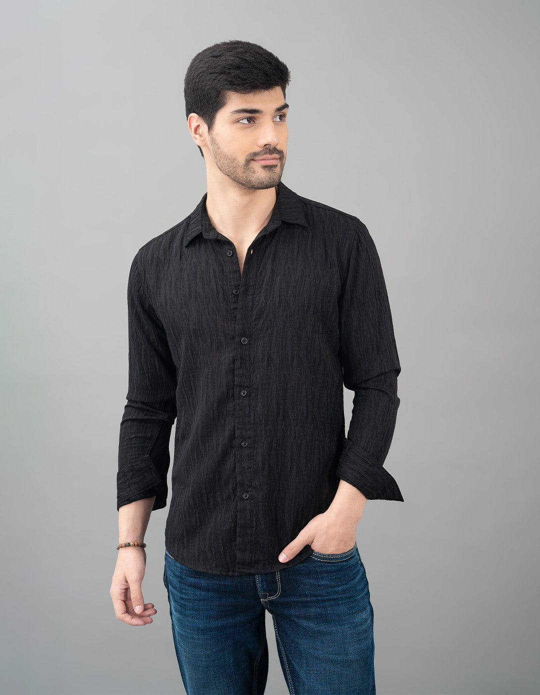 Black Full Sleeve Seersucker Shirt