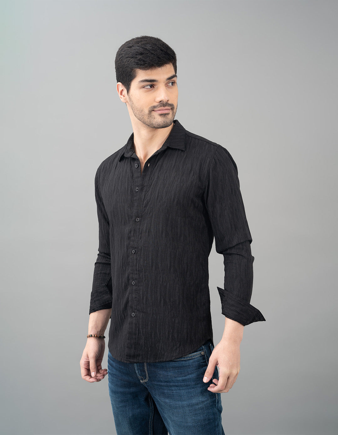 Black Full Sleeve Seersucker Shirt