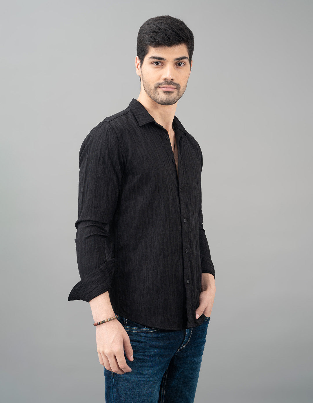 Black Full Sleeve Seersucker Shirt