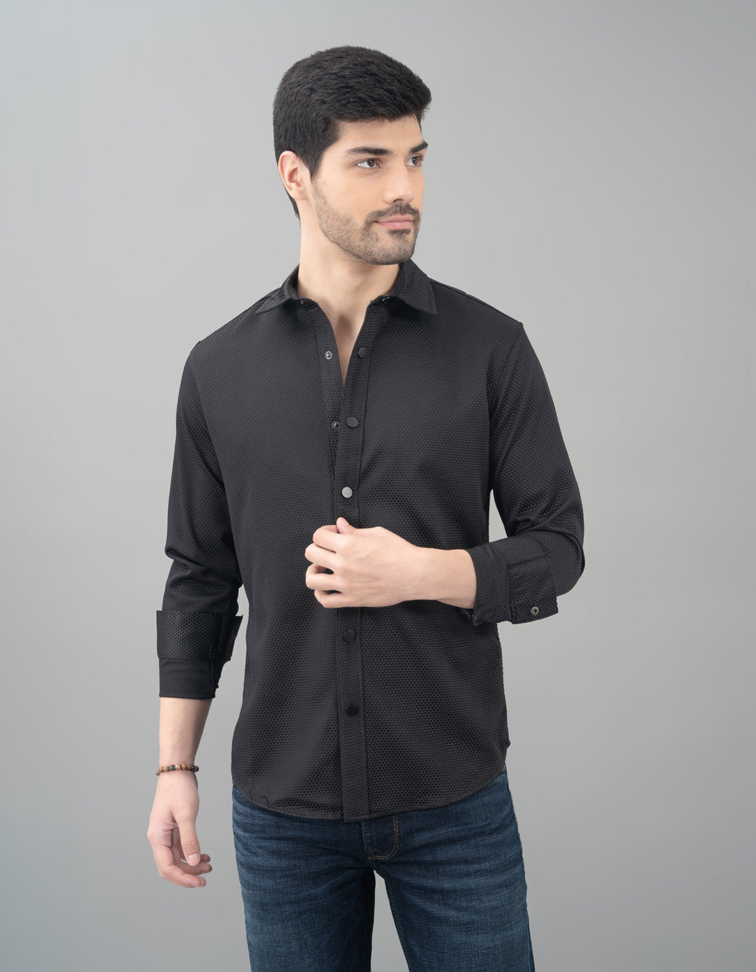 Black Full Sleeve Textured Waffle Shirt