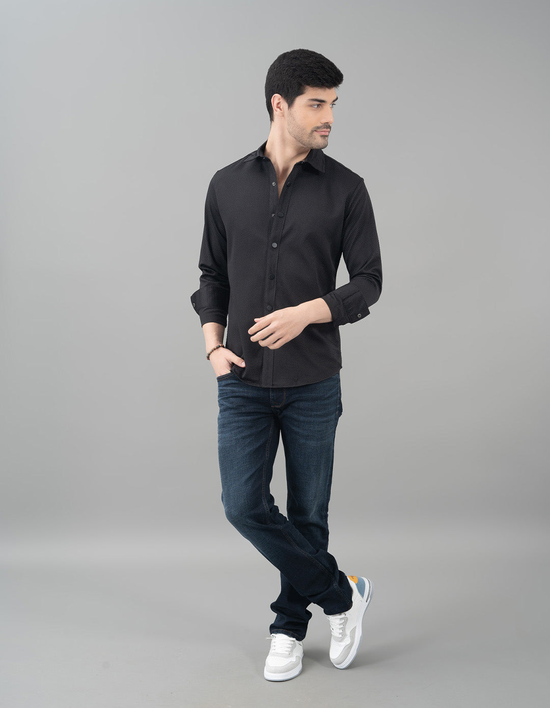 Black Full Sleeve Textured Waffle Shirt