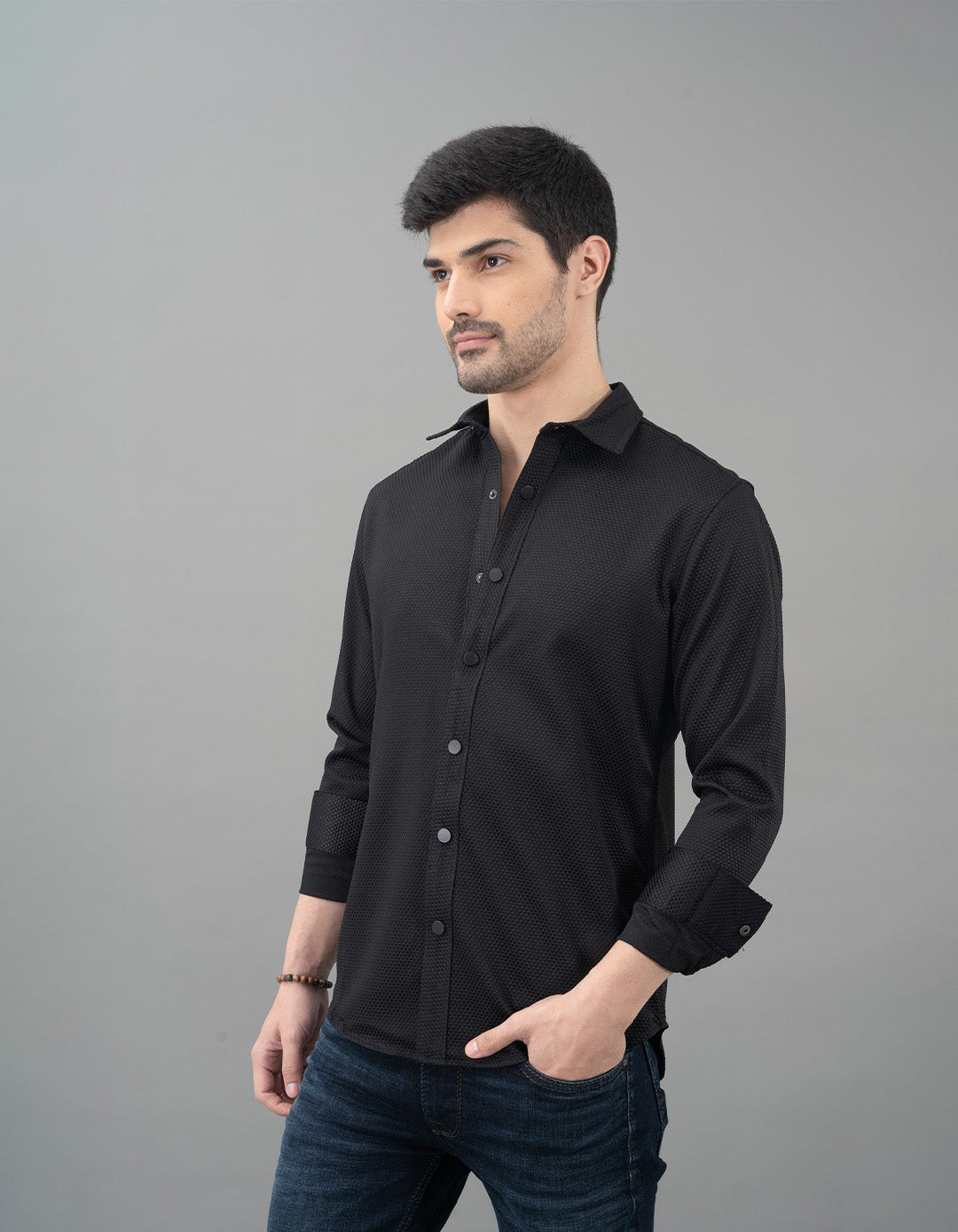 Black Full Sleeve Textured Waffle Shirt