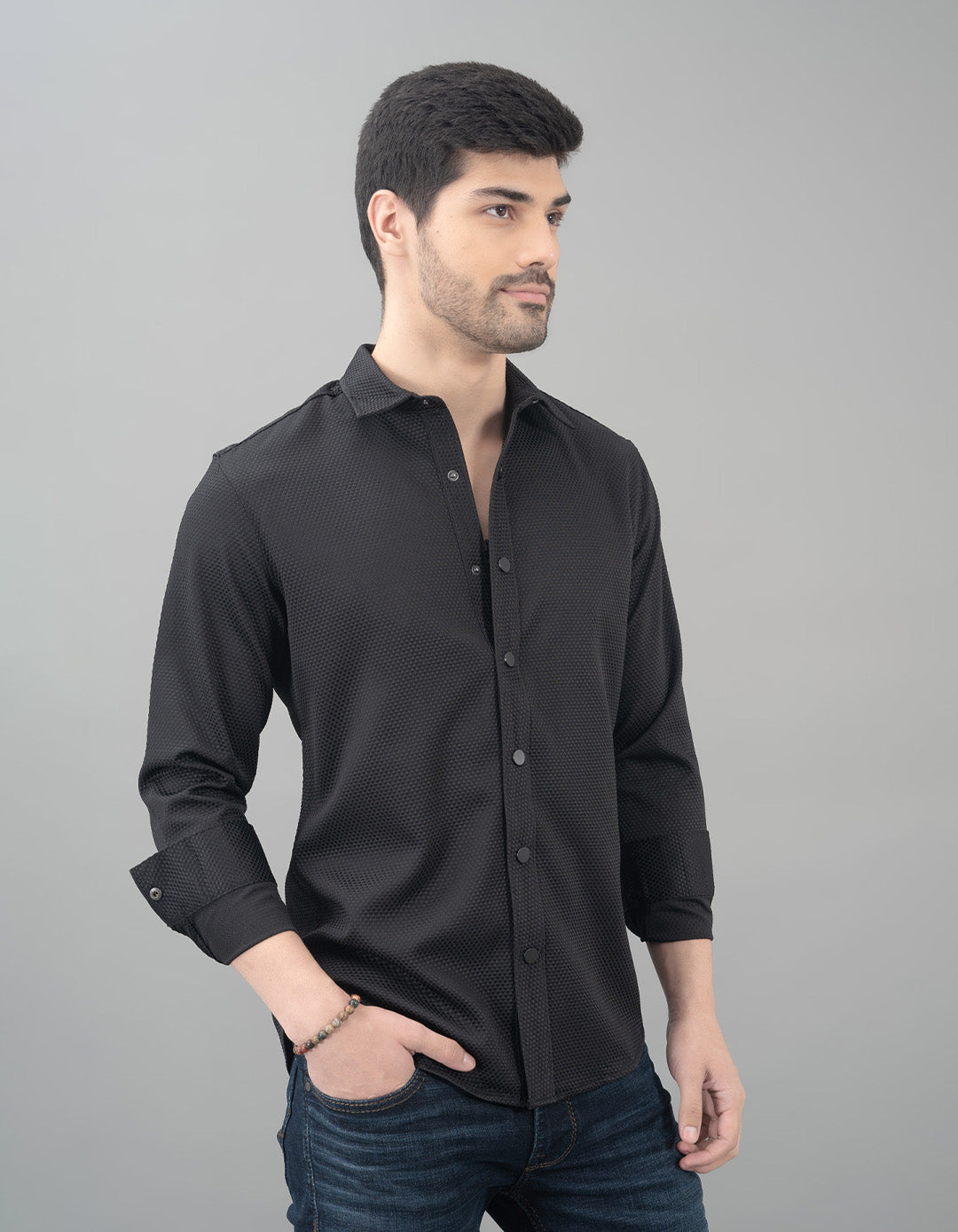 Black Full Sleeve Textured Waffle Shirt
