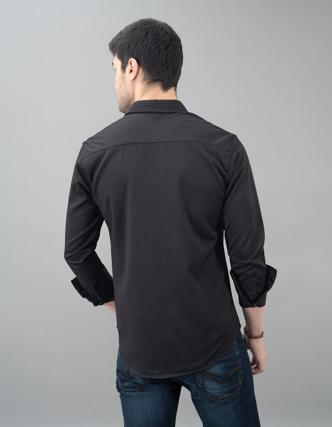 Black Full Sleeve Textured Waffle Shirt