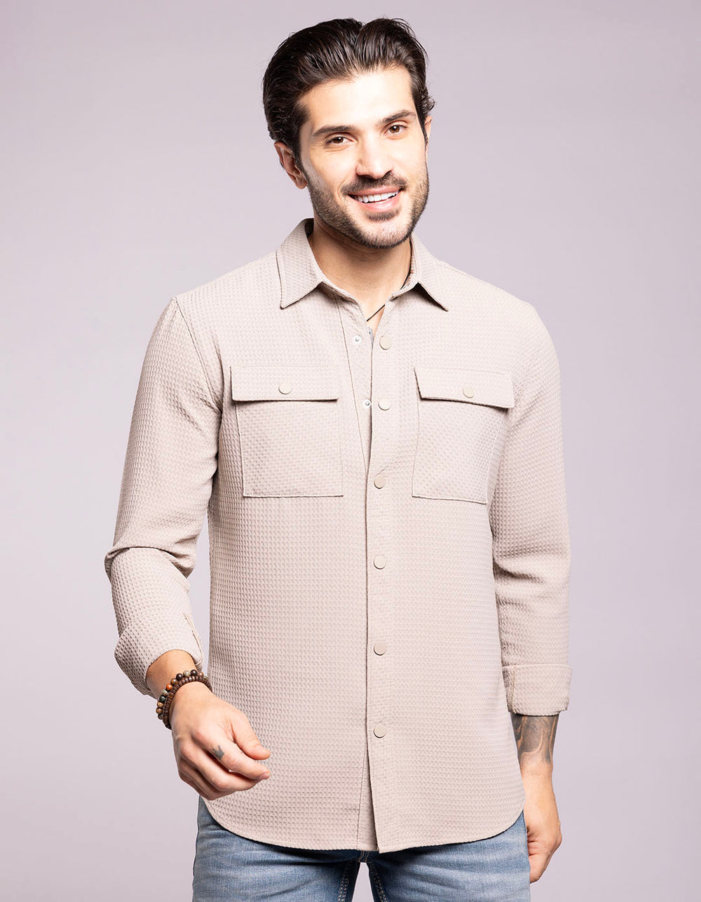 Stone Full Sleeves Textured Waffle Shirt