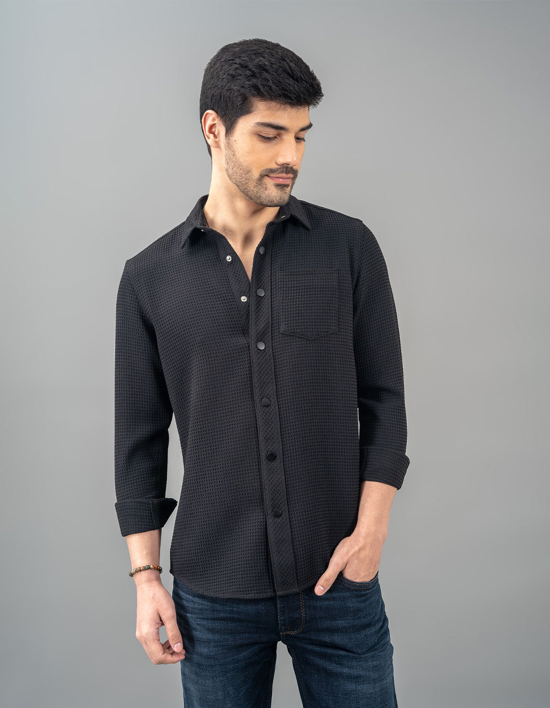 Black Full Sleeve Textured Waffle Shirt