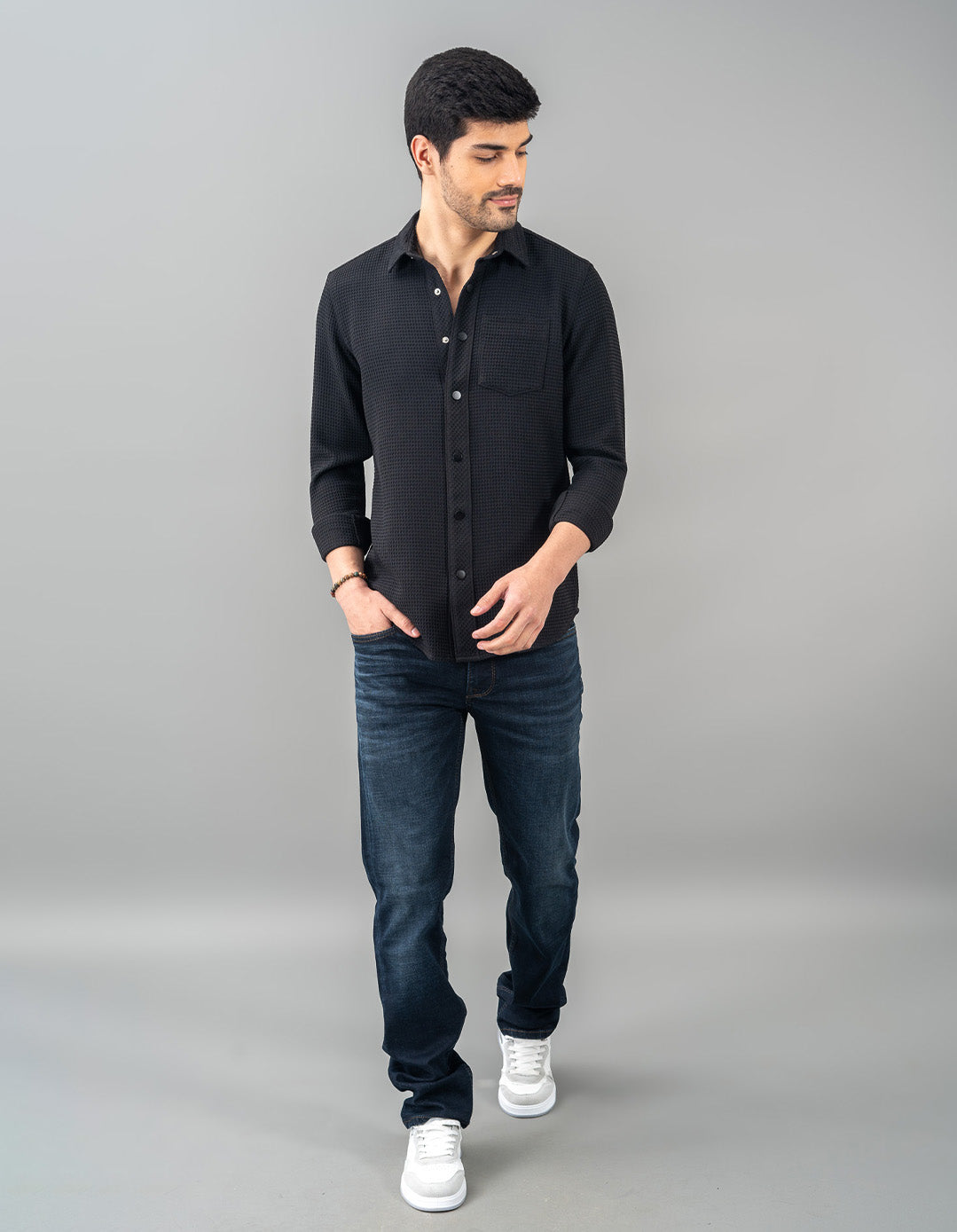 Black Full Sleeve Textured Waffle Shirt