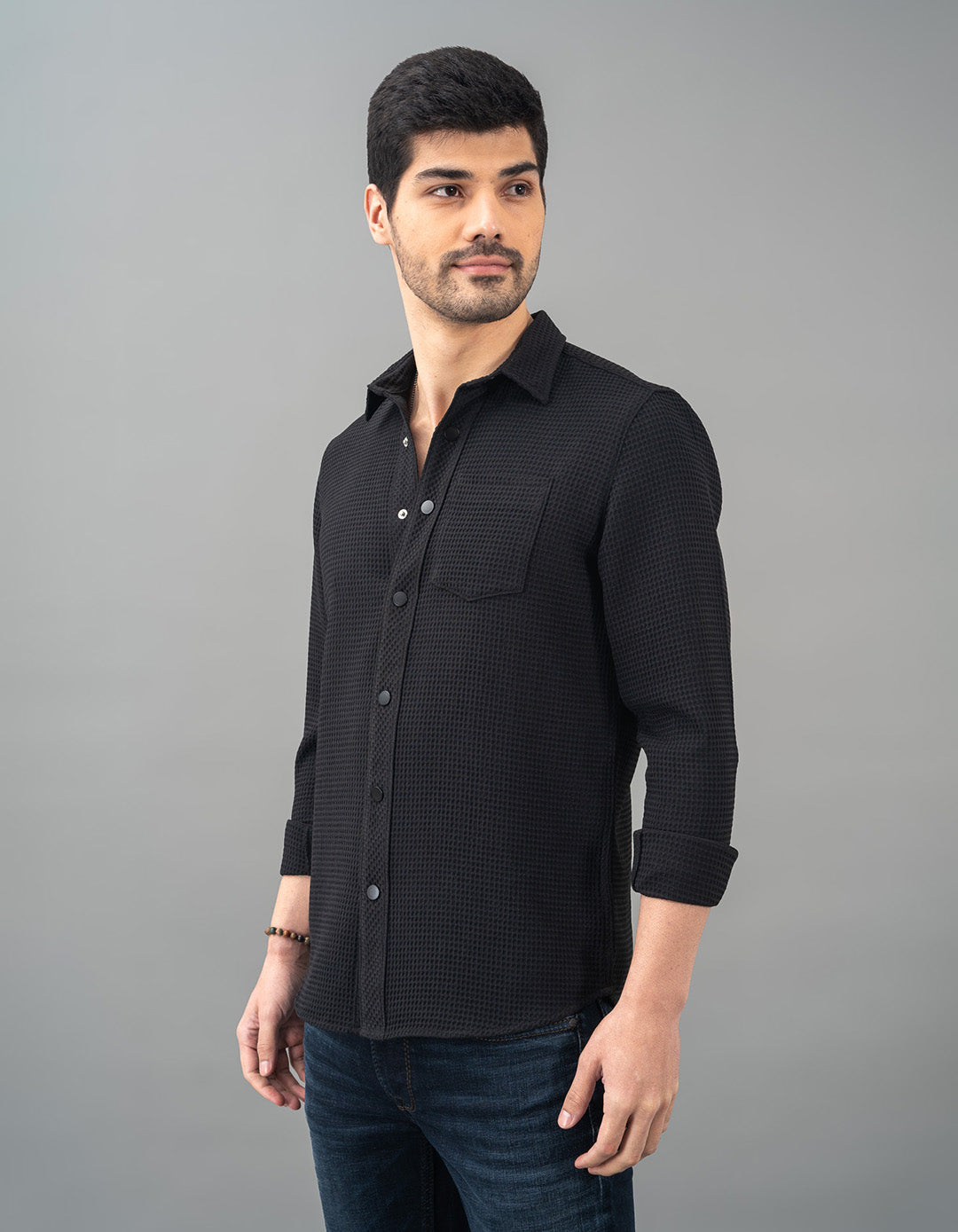 Black Full Sleeve Textured Waffle Shirt