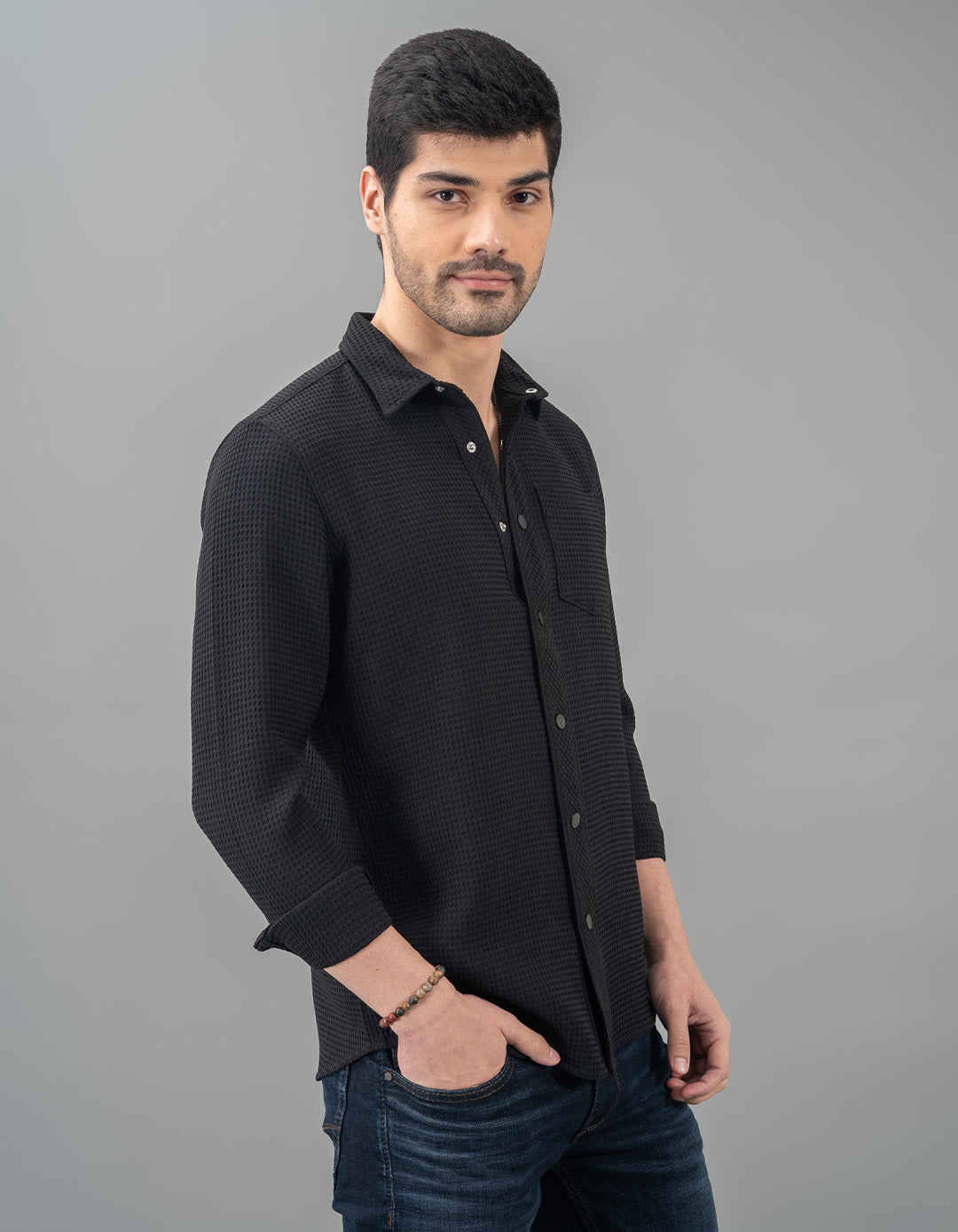 Black Full Sleeve Textured Waffle Shirt