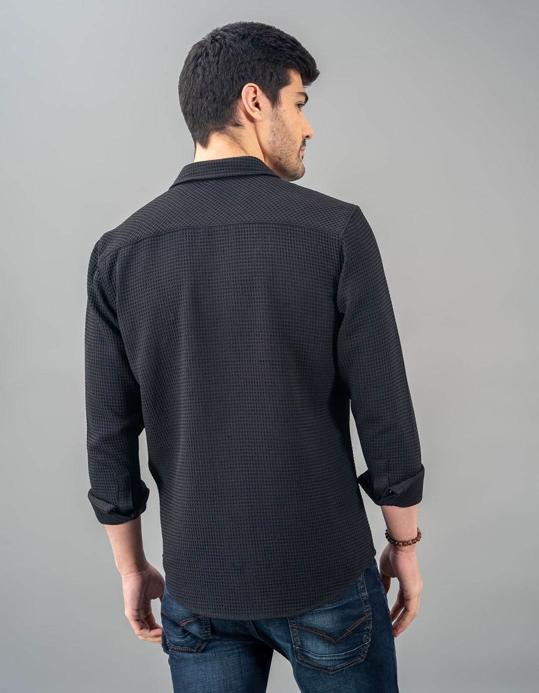 Black Full Sleeve Textured Waffle Shirt