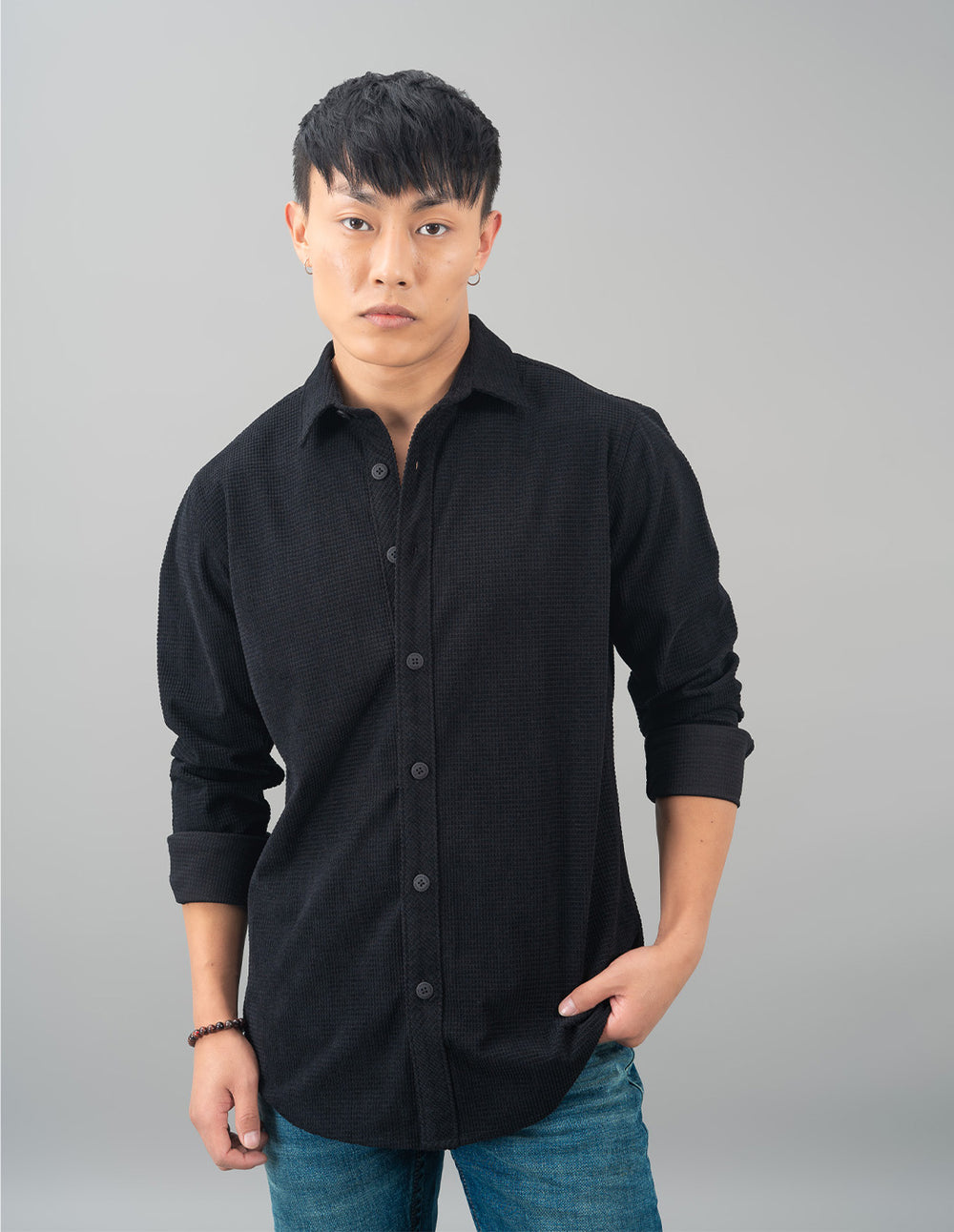 Black Full Sleeve Textured Waffle Shacket