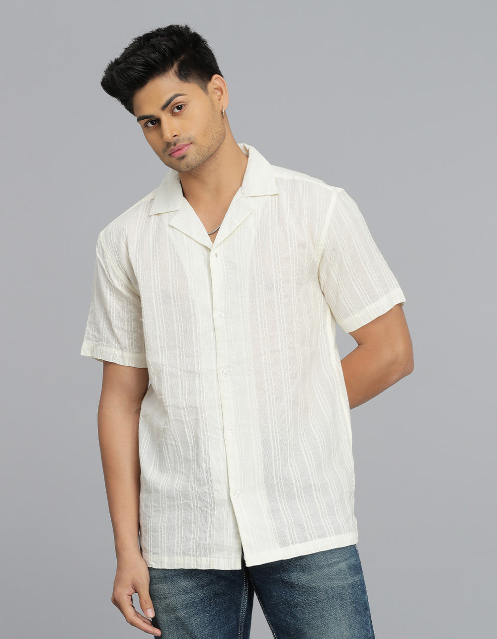 CREAM 100% Cotton Half Sleeve STRIPE SHIRT