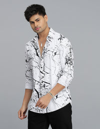 White Black Full Sleeves Printed Shirt