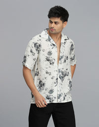 Cream B Green Half Sleeves Printed Shirt