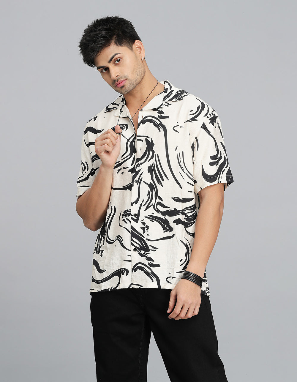 Cream Black Half Sleeves Printed Shirt