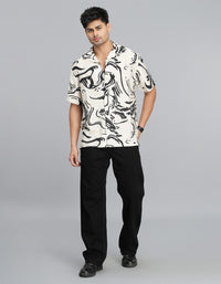 Cream Black Half Sleeves Printed Shirt