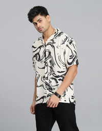 Cream Black Half Sleeves Printed Shirt
