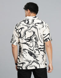 Cream Black Half Sleeves Printed Shirt