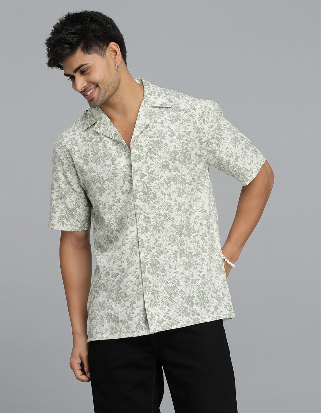 Olive Half Sleeves Printed Shirt