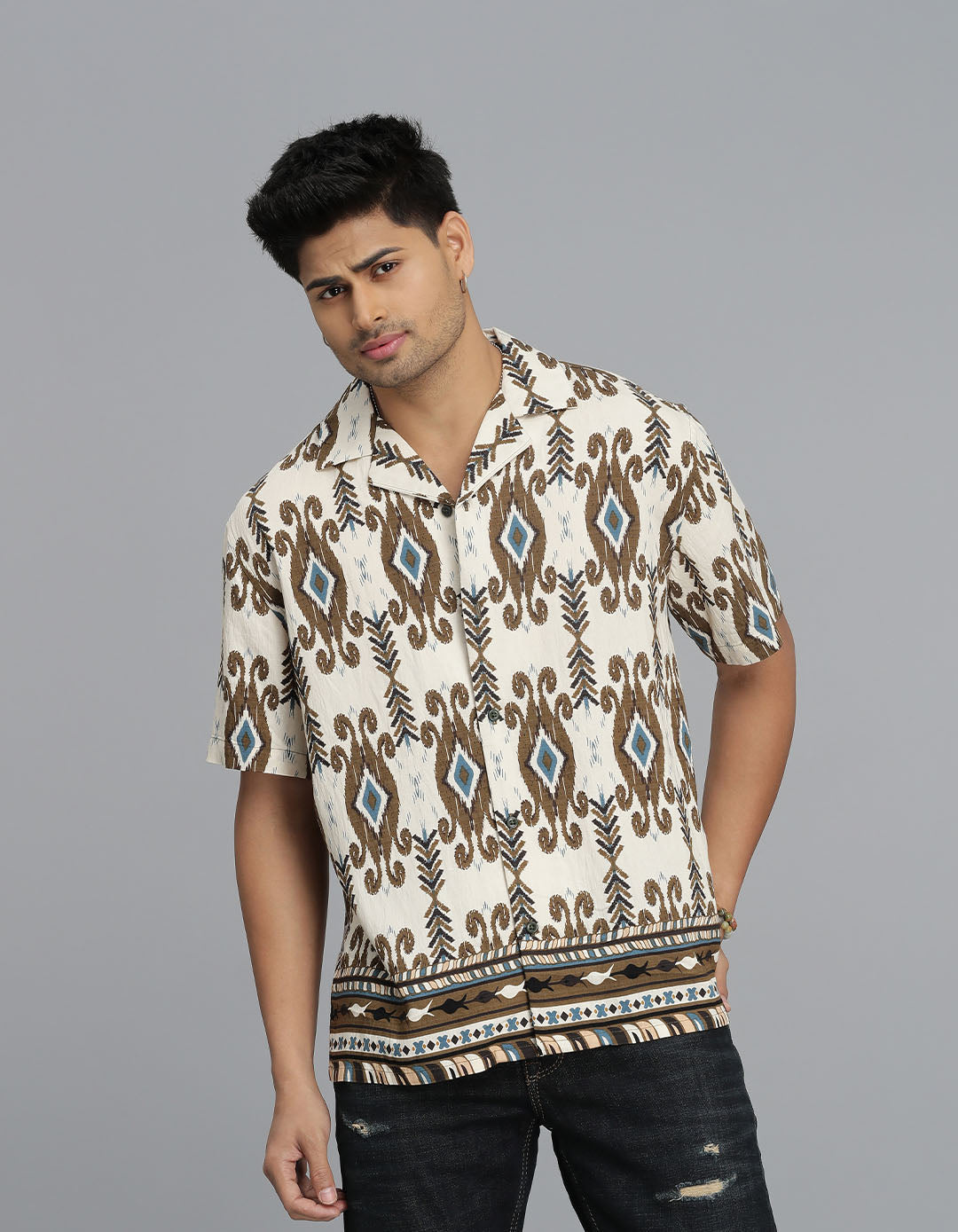 Brown Half Sleeves Printed Shirt