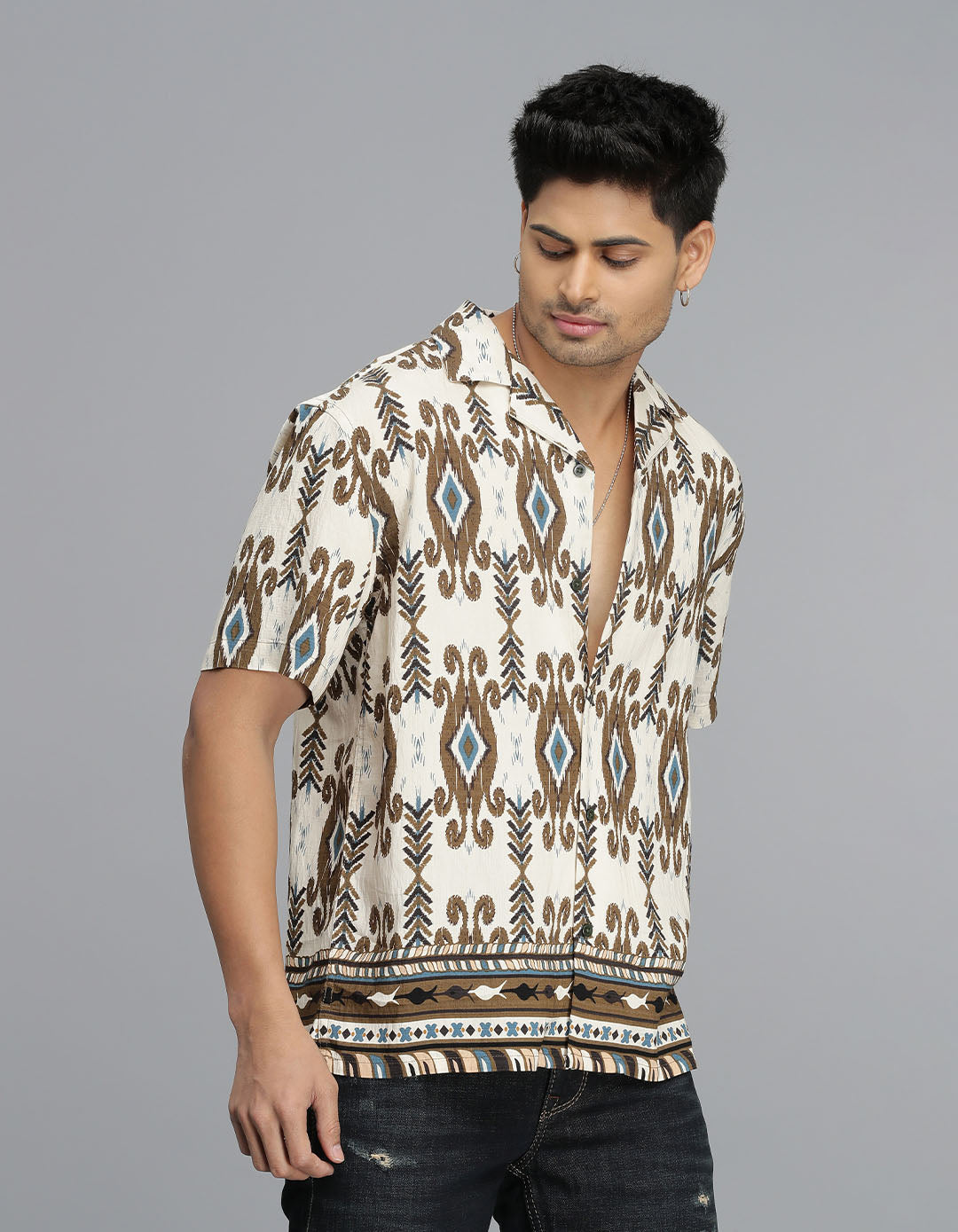 Brown Half Sleeves Printed Shirt