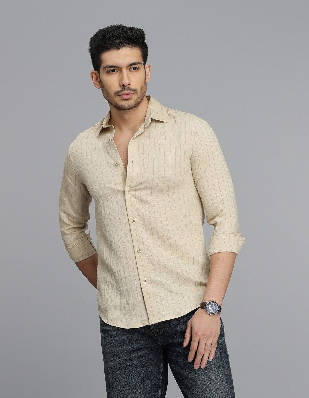 Beige Full Sleeves Stripe Shirt