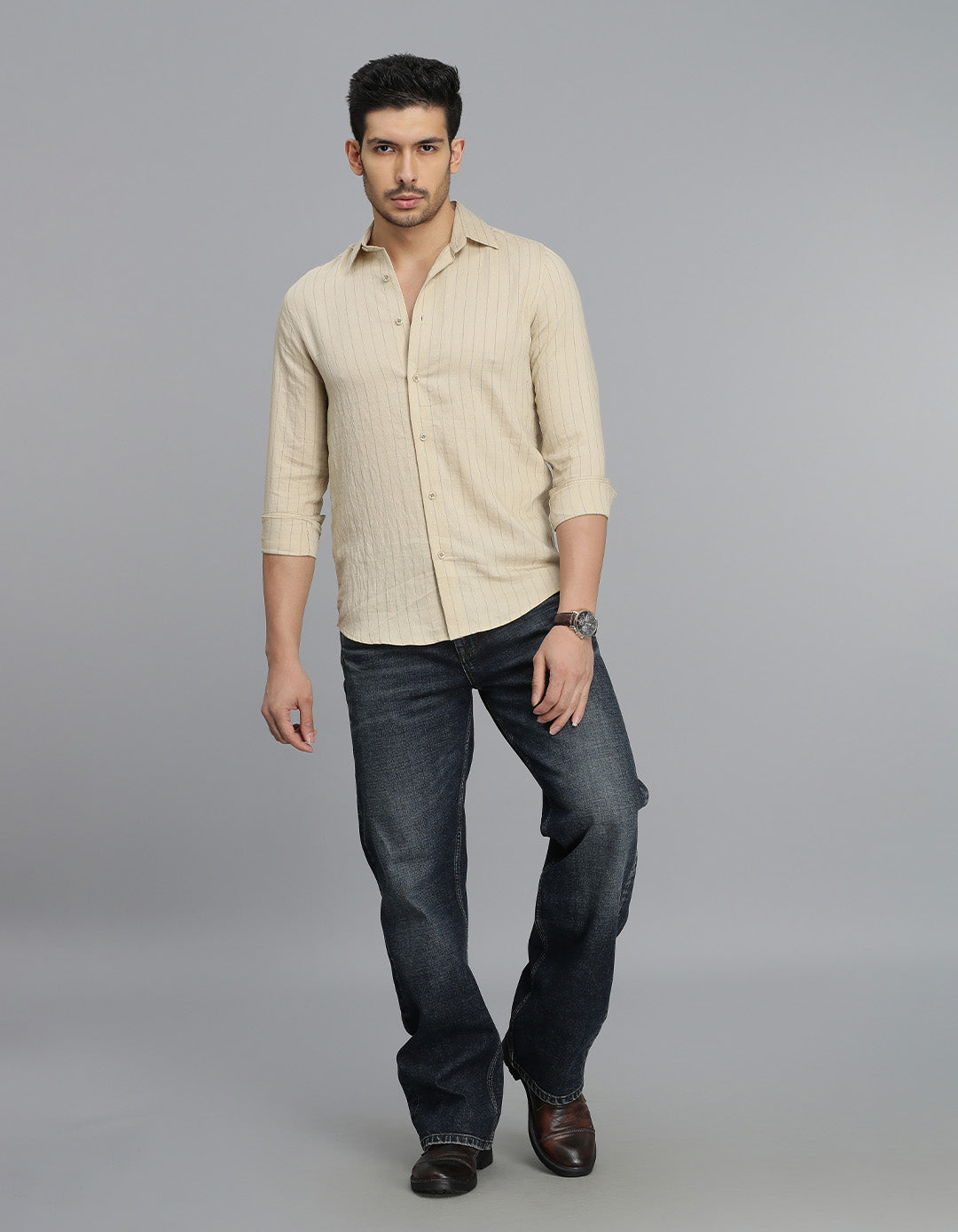 Beige Full Sleeves Stripe Shirt