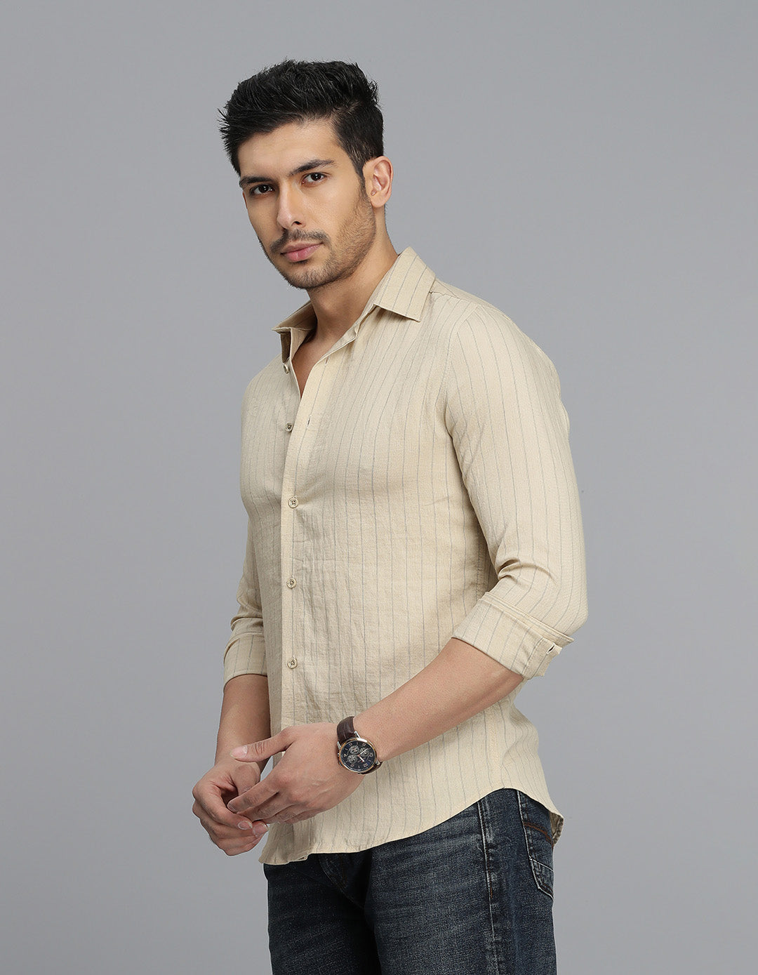 Beige Full Sleeves Stripe Shirt