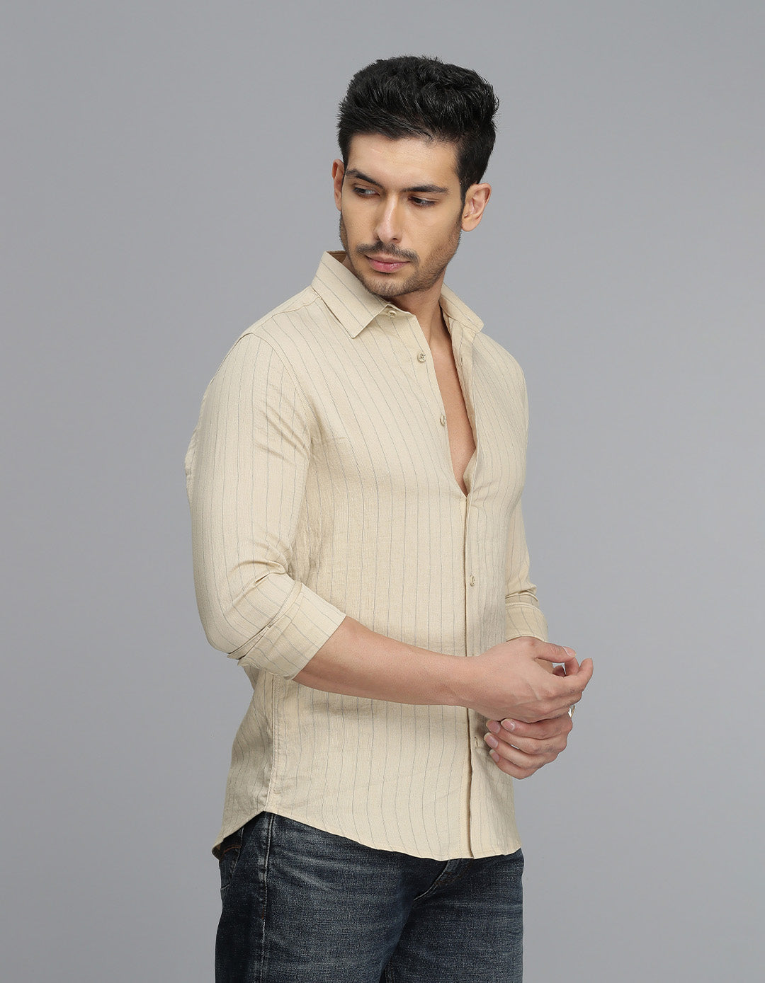 Beige Full Sleeves Stripe Shirt