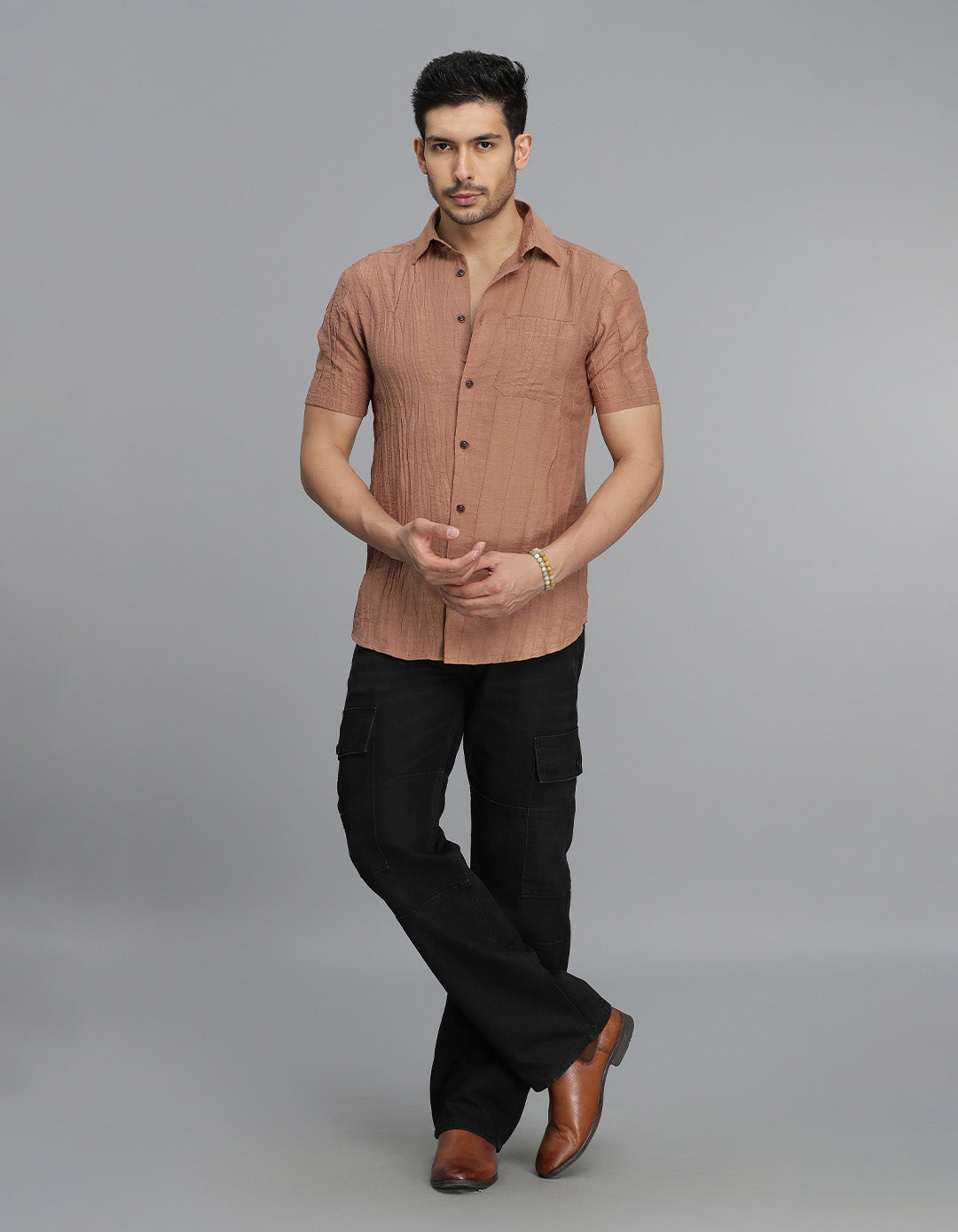 Lt Brown Half Sleeves Textured Dobby Shirt