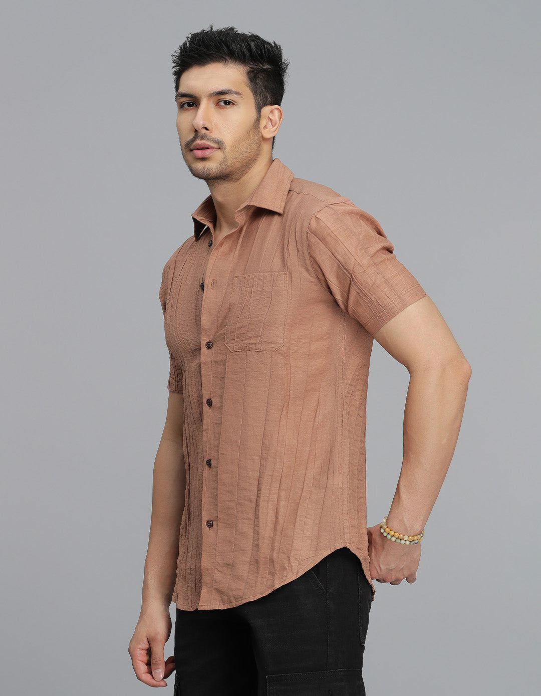Lt Brown Half Sleeves Textured Dobby Shirt