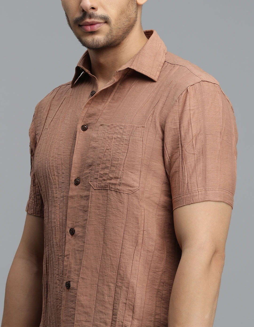 Lt Brown Half Sleeves Textured Dobby Shirt