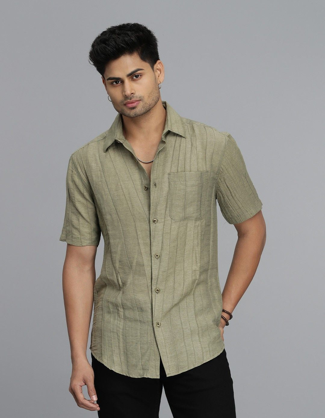 Dk Beige Half Sleeves Textured Dobby Shirt