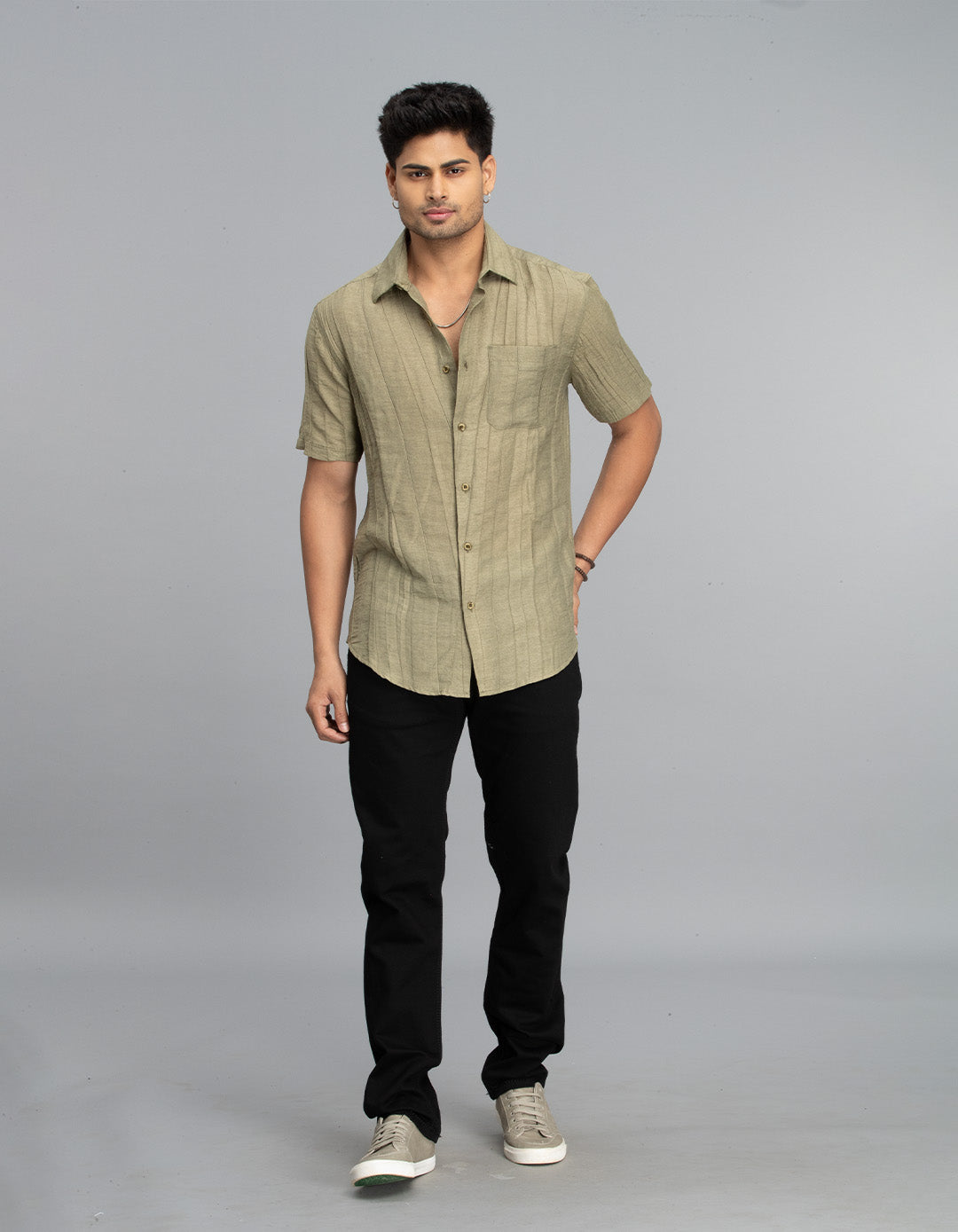 Dk Beige Half Sleeves Textured Dobby Shirt