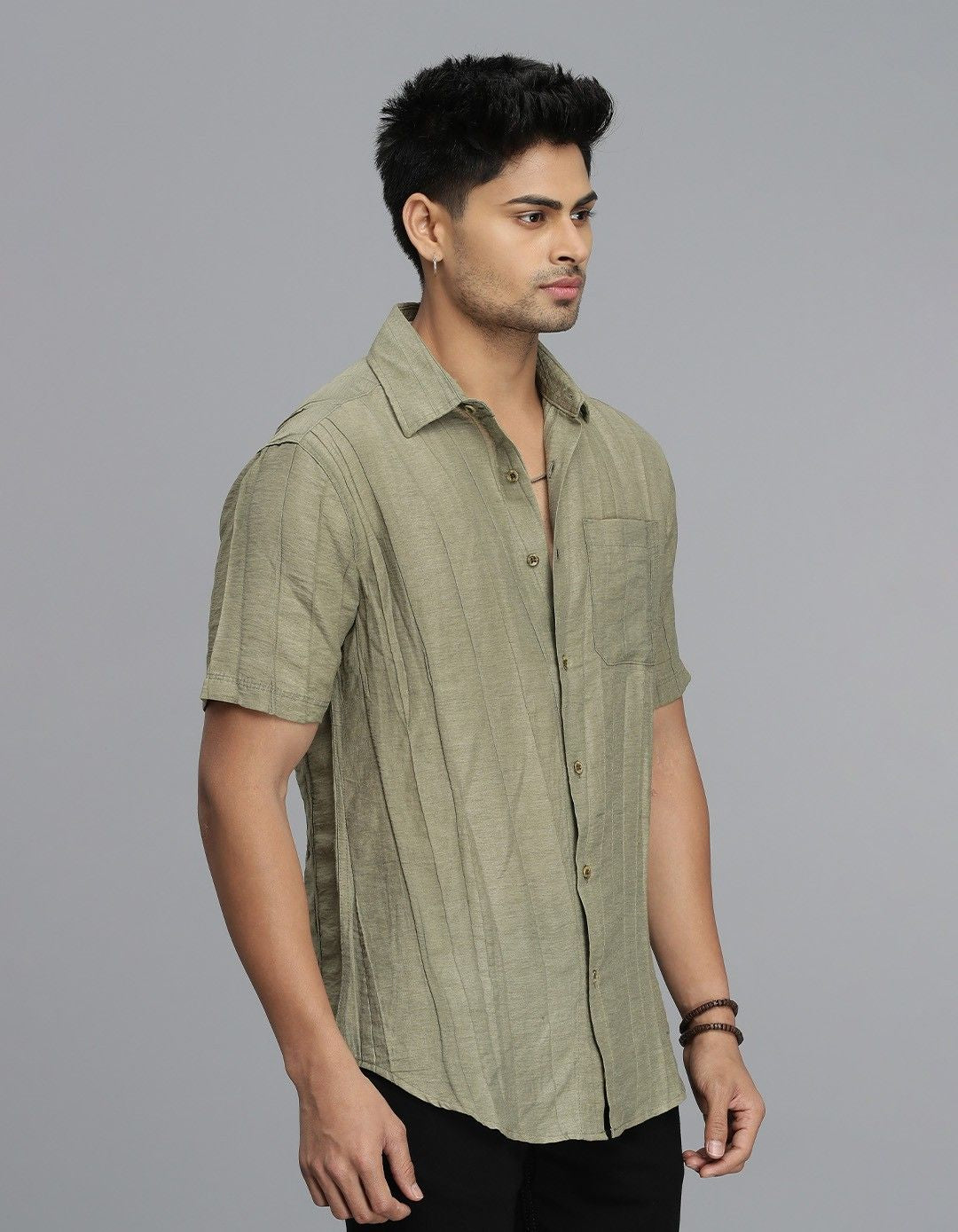 Dk Beige Half Sleeves Textured Dobby Shirt