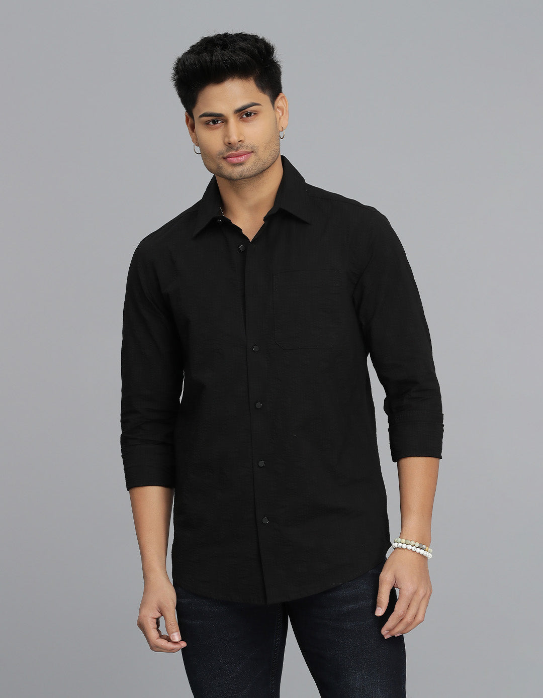 Black Full Sleeves Textured Dobby Shirt