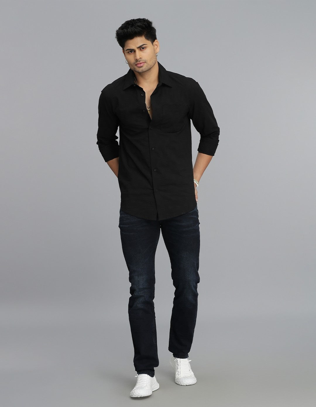 Black Full Sleeves Textured Dobby Shirt