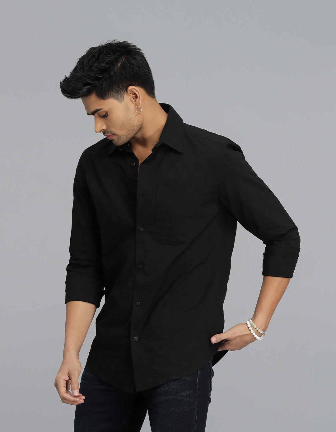 Black Full Sleeves Textured Dobby Shirt