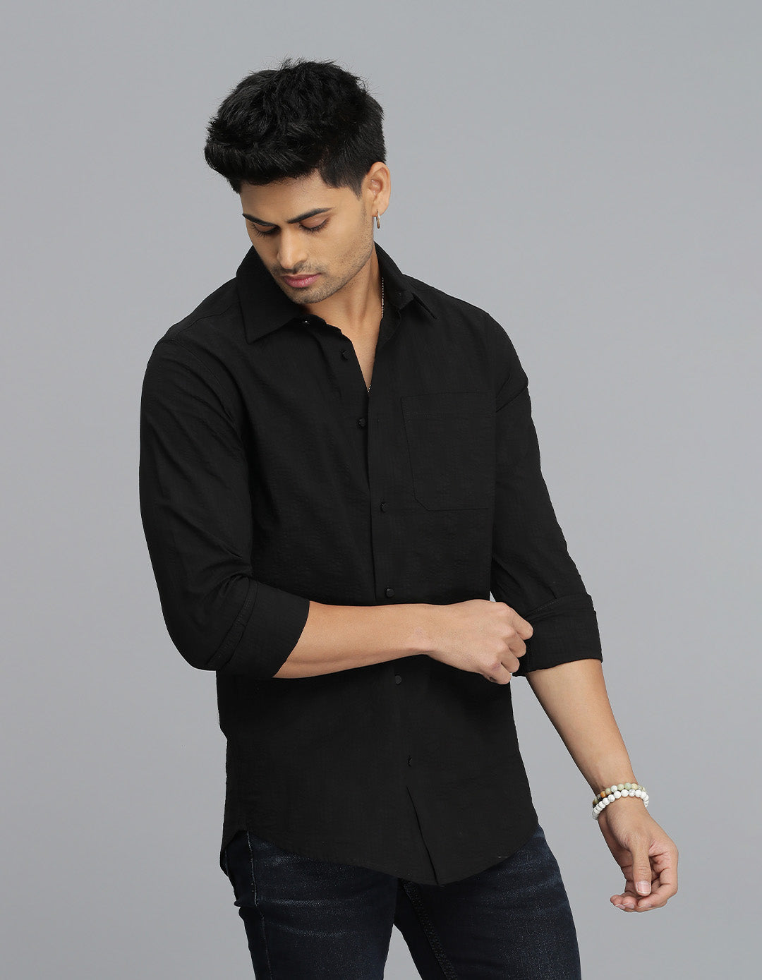 Black Full Sleeves Textured Dobby Shirt